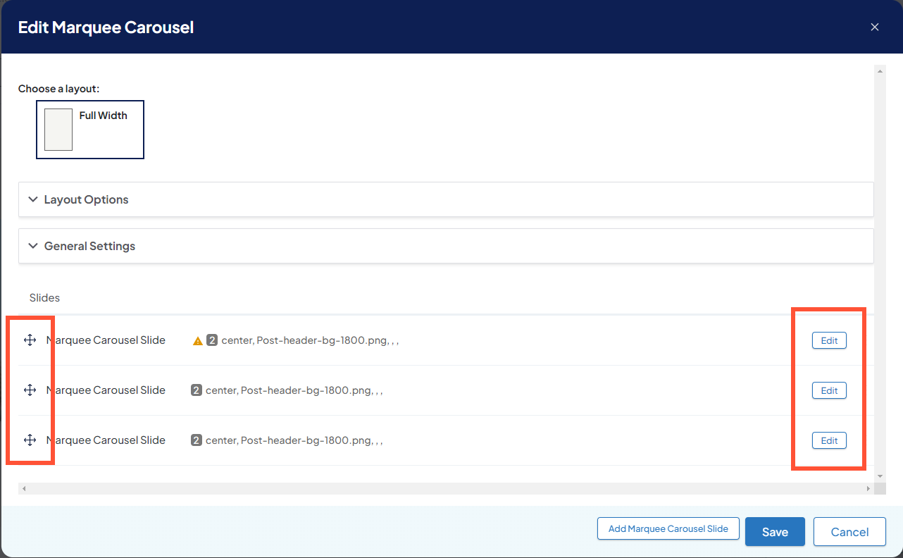 Screenshot of a Marquee Carousel window with the directional arrow icons and Edit buttons of the slides highlighted