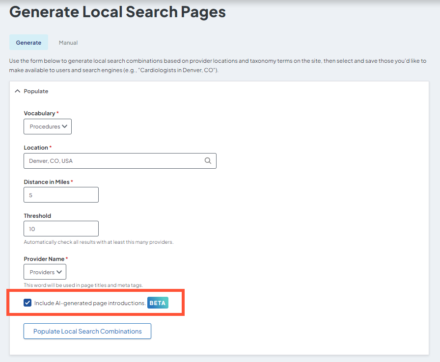 Screenshot of the Local Search generation page with the Include AI-generated page introductions checkbox highlighted