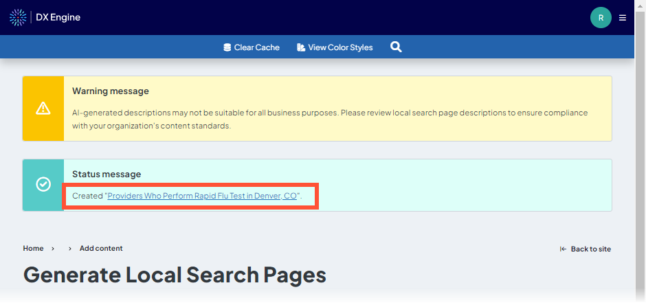 Screenshot of the advisory and confirmation messages that appear after generating a Local Search page