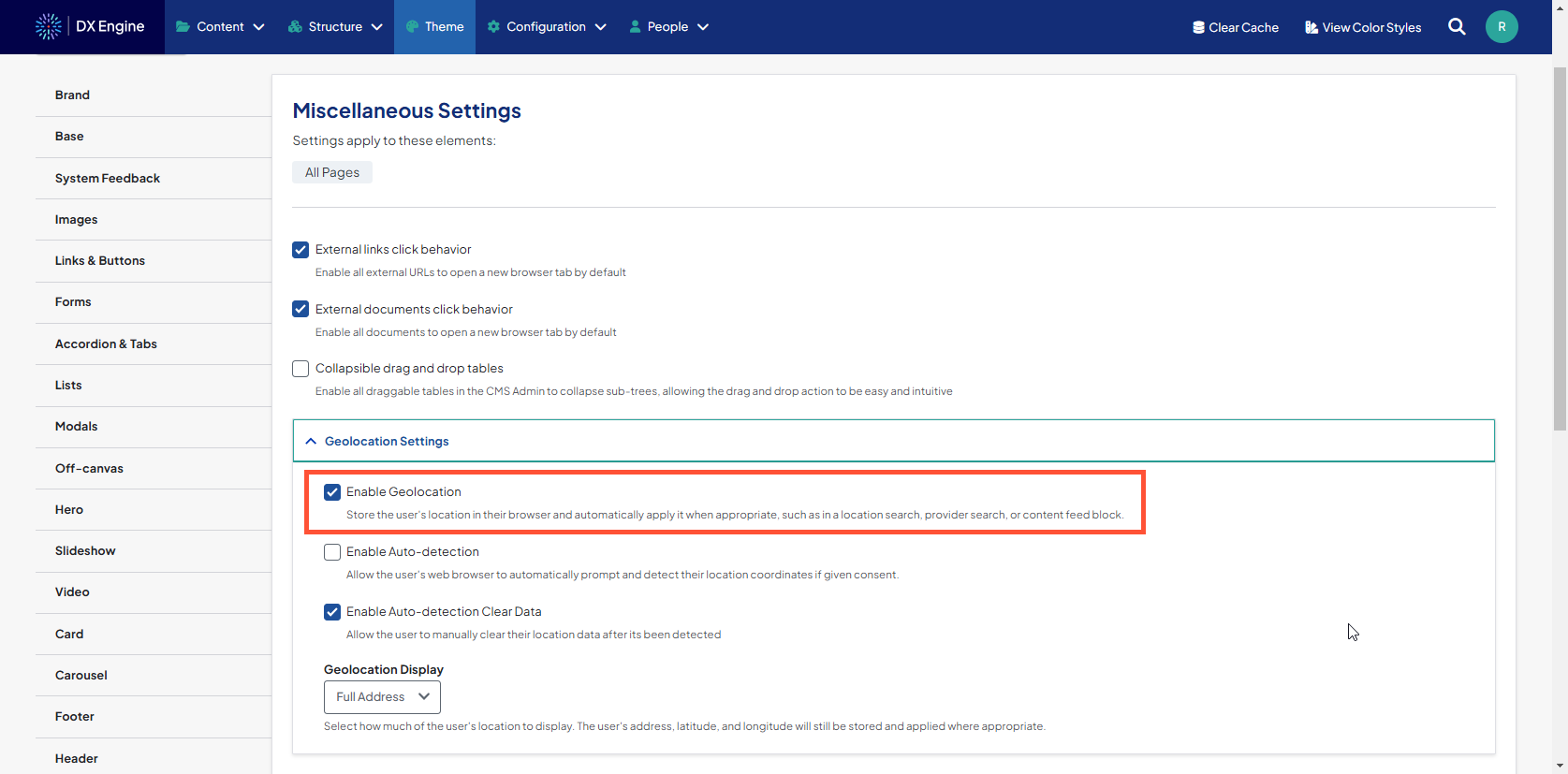 Screenshot of the Miscellaneous Settings tab in Theme settings with Enable Geolocation highlighted