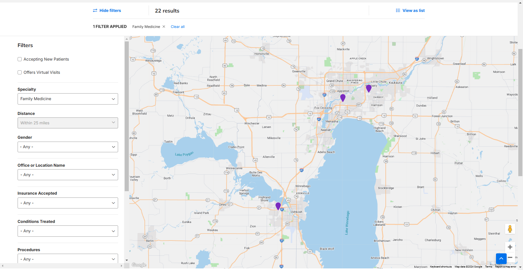 Sample screenshot of a Provider Search page set to Map view