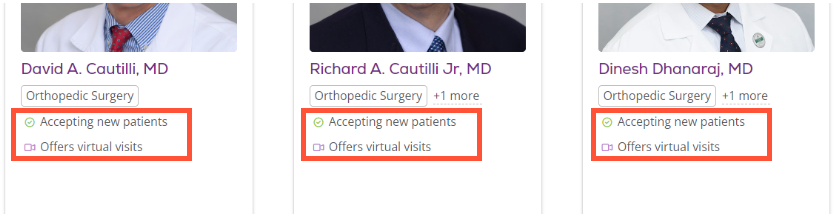 Screenshot of a sample set of Providers with the 'Accepting new patients' and 'Offers virtual visits' badges highlighted