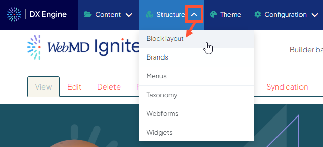 Screenshot of the Toolbar with the Structure menu dropdown expanded and the Block layout option highlighted.