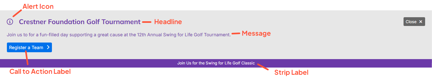 Screenshot of a sample alert with the Header, Message, Call to Action Label and Strip label identified.
