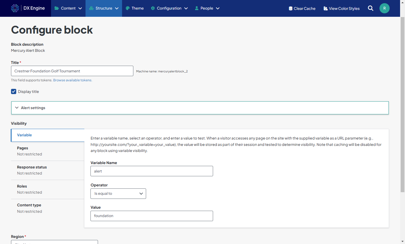 Screenshot of the Configure block screen for a sample site alert