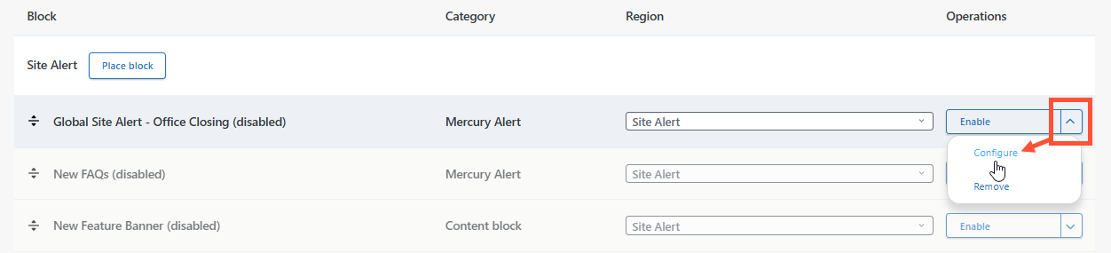 Screenshot of the Configure dropdown menu item highlighted next to a disabled site alert