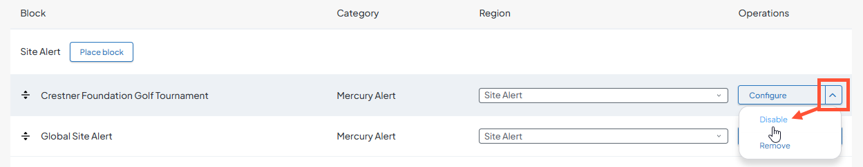 Screenshot of an alert with the Disable option expanded and highlighted.