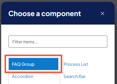 Screenshot highlighting the 'FAQ Group' option in the Choose a component window.