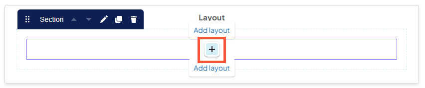 Screenshot showing a sample layout with an empty section. The plus icon appearing in the center of the empty section is highlighted.