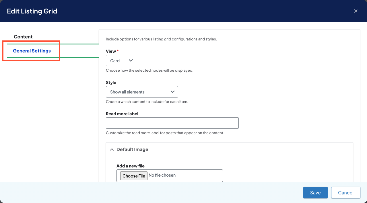 Screenshot of the Edit Listing Grid screen with the General Settings tab highlighted