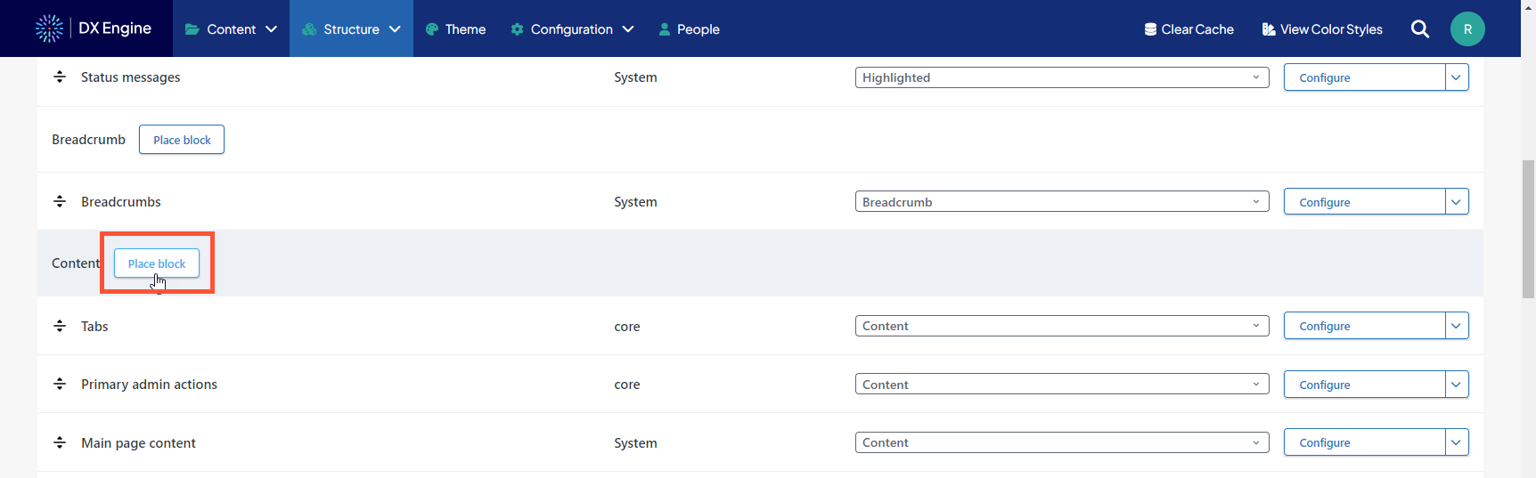 Screenshot of the Block layout page with the 'Place block' button highlighted next to the 'Content' region