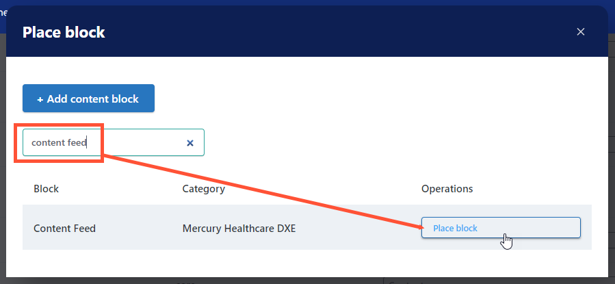 Screenshot of the 'Place block' modal window with 'content feed' entered in the filter box and the 'Place block' button indicated