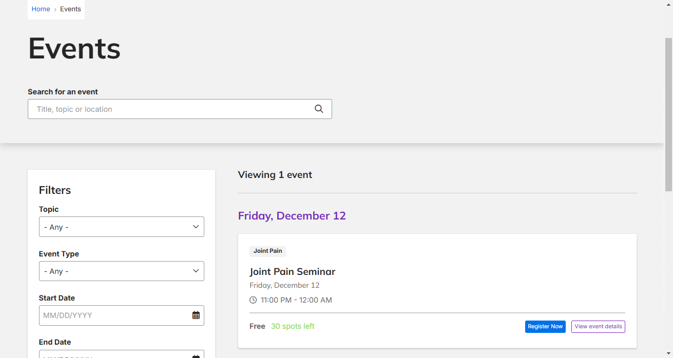 Screenshot of the Events dashboard in DXE.