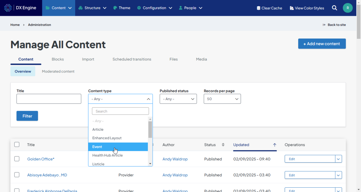 Screenshot of the Content screen demonstrating how to filter for Events