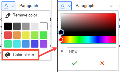 Screenshot of the font color dropdown expanded with standard colors displaying. The Color picker option is highlighted and points to the hue/spectrum selector that appears when clicked.