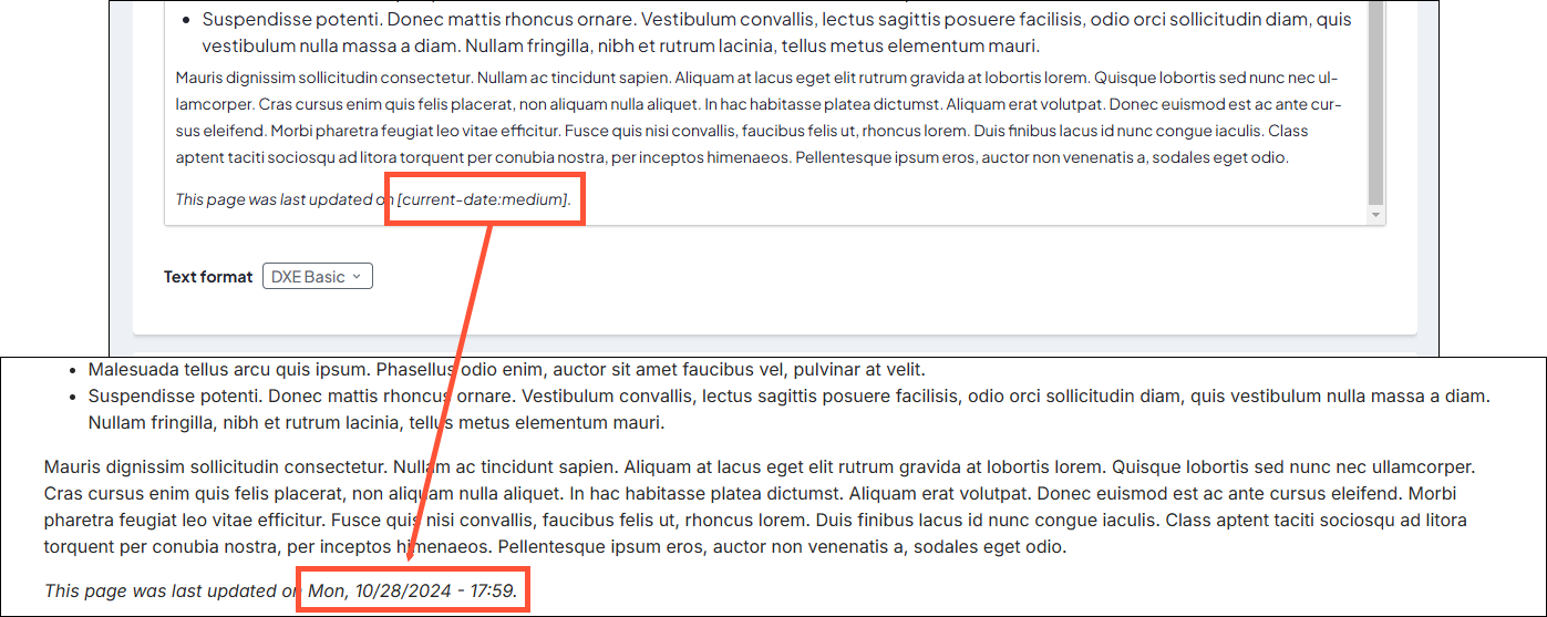 Sample screenshots next to each other: the first screenshot highlights where the token Sat, 06/14/2025 - 03:08 is typed into the Body field. The second screenshot shows how the page displays the date and time in the body where that token was entered.