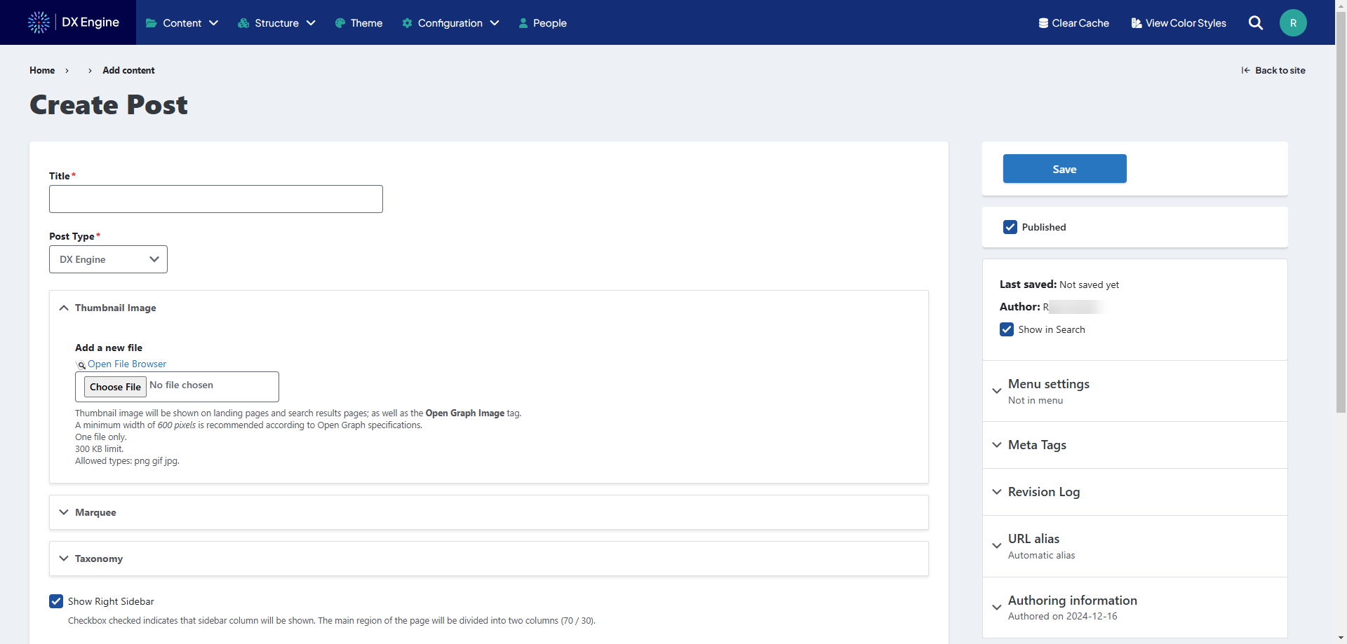 Screenshot of adding a new Post with blank fields