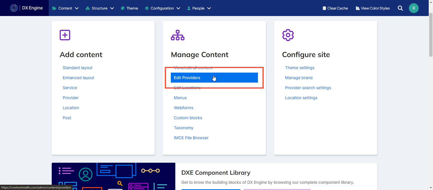 Screenshot of the DXE dashboard with 'Edit providers' highlighted