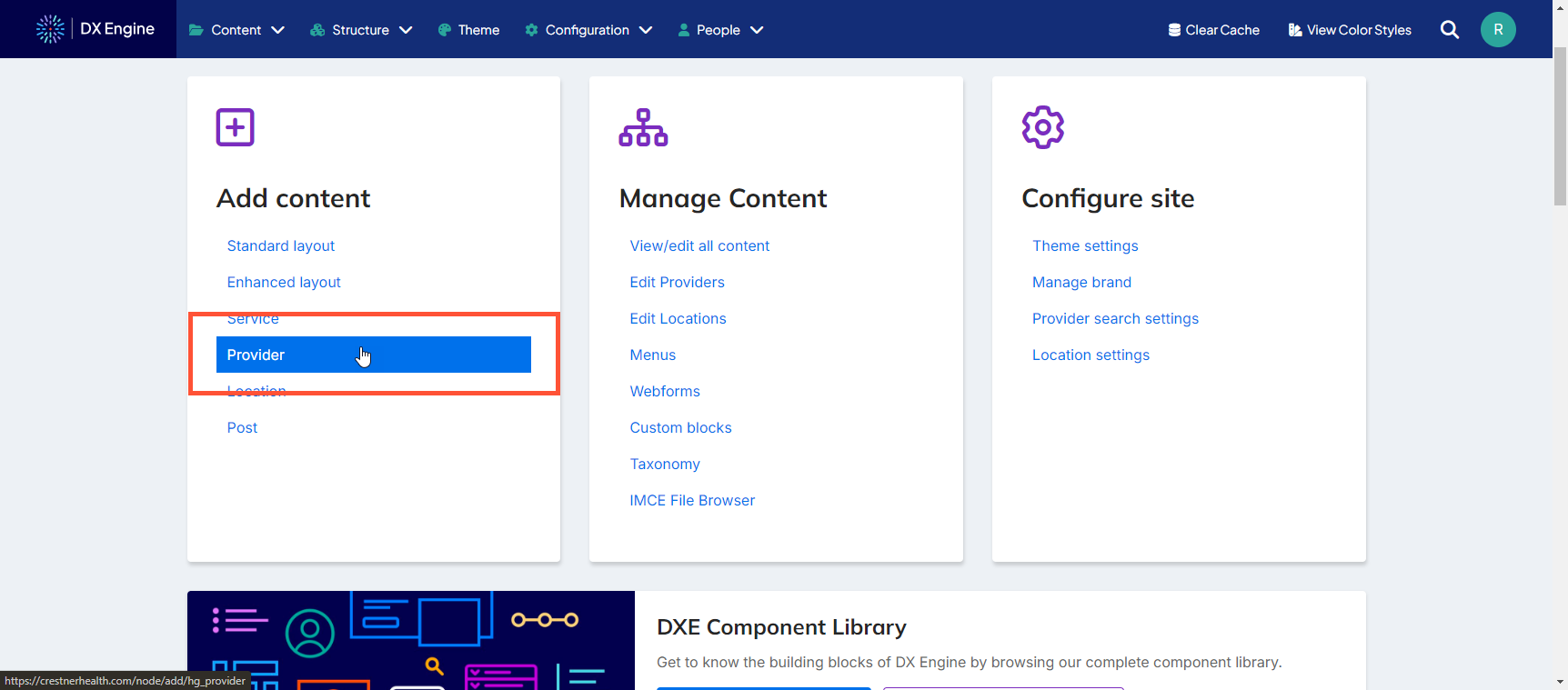 Screenshot of the DXE dashboard with 'Provider' highlighted under 'Add Content'