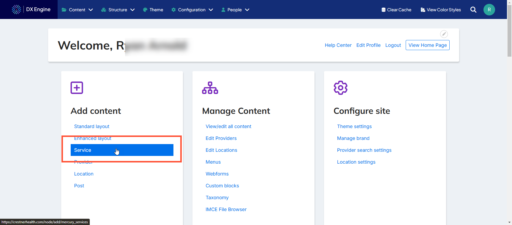 Screenshot of the DXE Dashboard with the 'Service' option highlighted