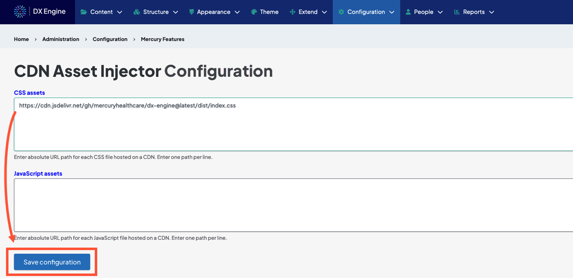 Screenshot of the CDN Asset Injector page with an asset input and the Save Configuration button highlighted