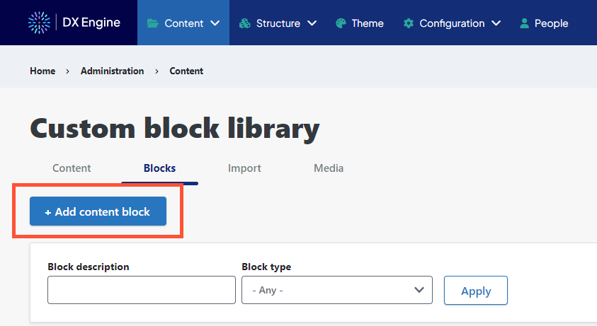 Custom block library page with the +Add content block button highlighted