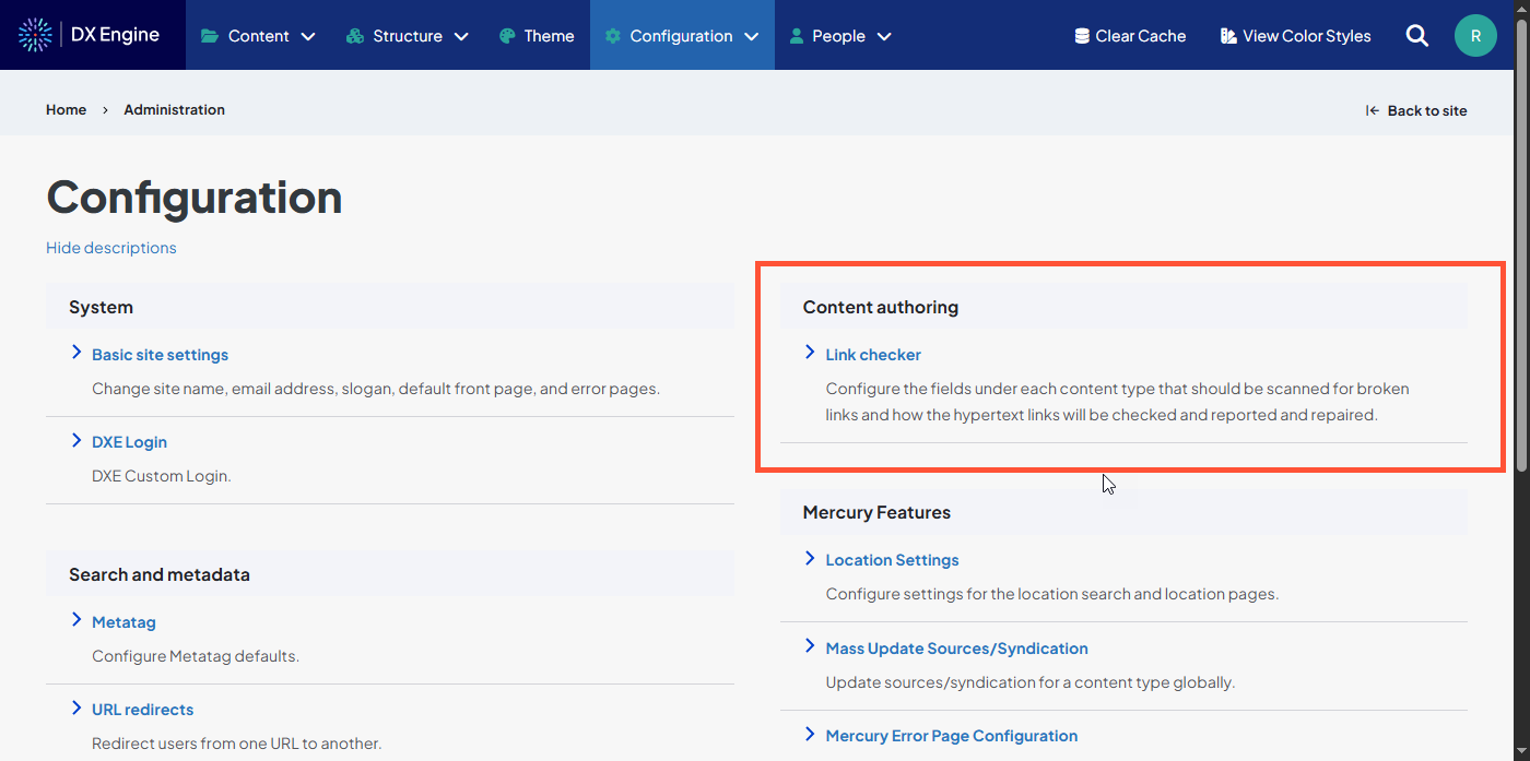 Screenshot of the Configuration screen with the Link checker link highlighted.