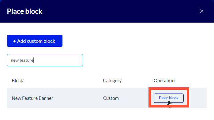 Screenshot of the Place block modal with the Place block button highlighted