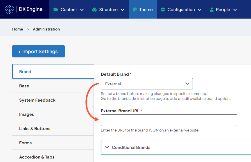 Screenshot of the Brand settings showing External brand selected