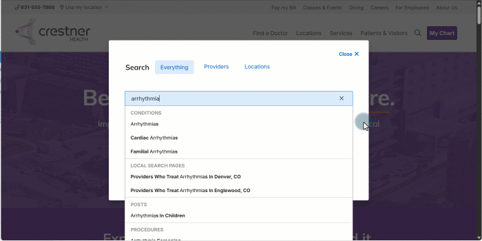 Demonstration of a user clicking an autocomplete suggestion and navigating directly to the clicked page, instead of navigating to a full search results page.