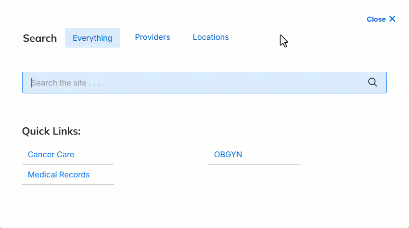 Demonstration of clicking an autocomplete suggestion with the 'Disable keywords clear' setting off. When the user presses tab after entering a search term, the search term remains in the search box.