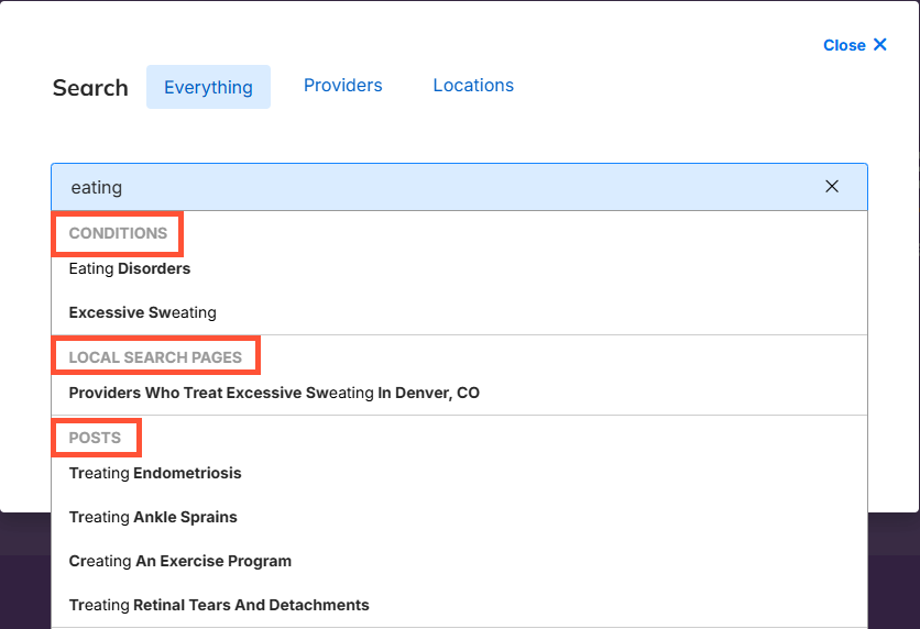 Screenshot of a sample search term with autocomplete suggestions displaying. The suggestions are grouped in categories called 'Conditions', 'Local Search Pages', and 'Posts'.