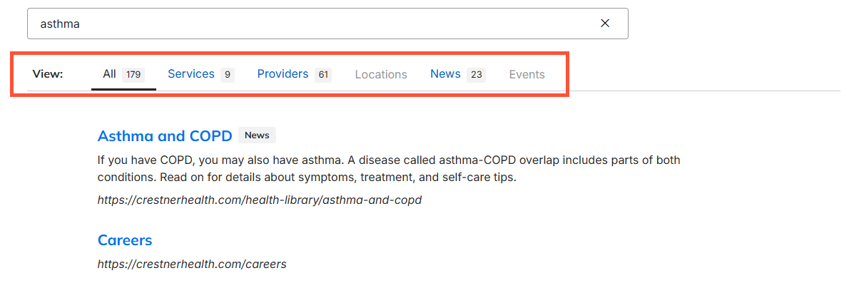 Screenshot of a sample search results page with the content type filters highlighted above the search results.