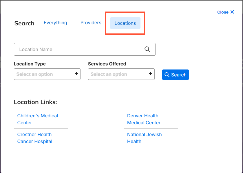 Screenshot of a sample search modal with the 'Locations' tab displayed.