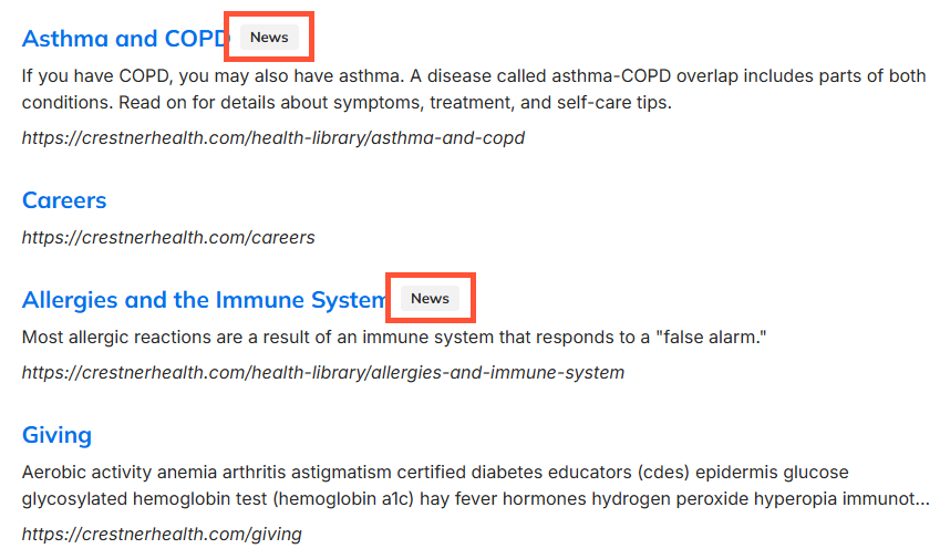 Screenshot of a sample search results page with content type badges displayed and highlighted next to their respective search result links.