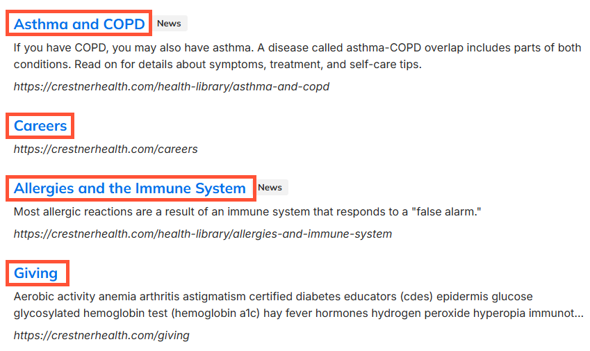 Screenshot of a sample search results page with the page title links highlighted. The links are colored blue. The color of the link text can be set with the 'Results link color' setting.