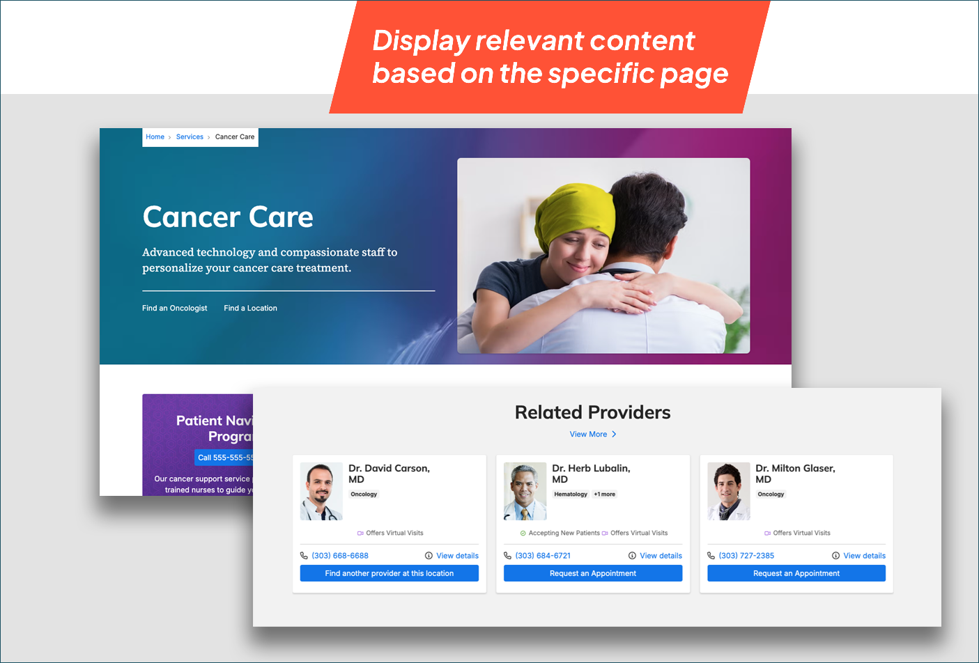 Sample content feeds with the caption 'Display relevant content based on the specific page'.