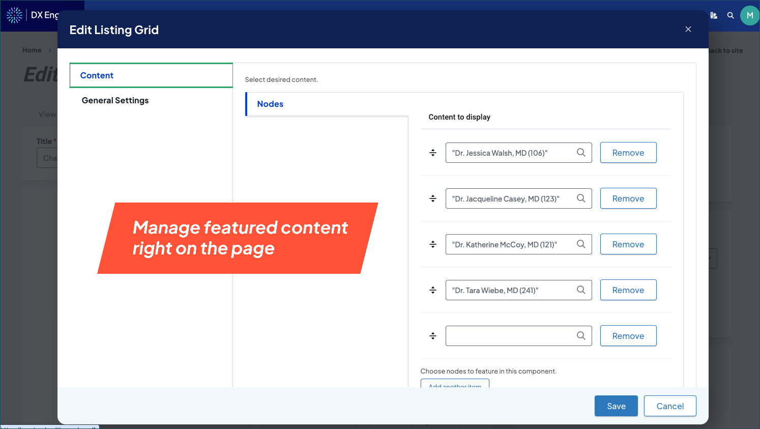 Screenshot of the Edit Listing Grid screen of a sample listing grid with the caption 'Manage featured content right on the page'.