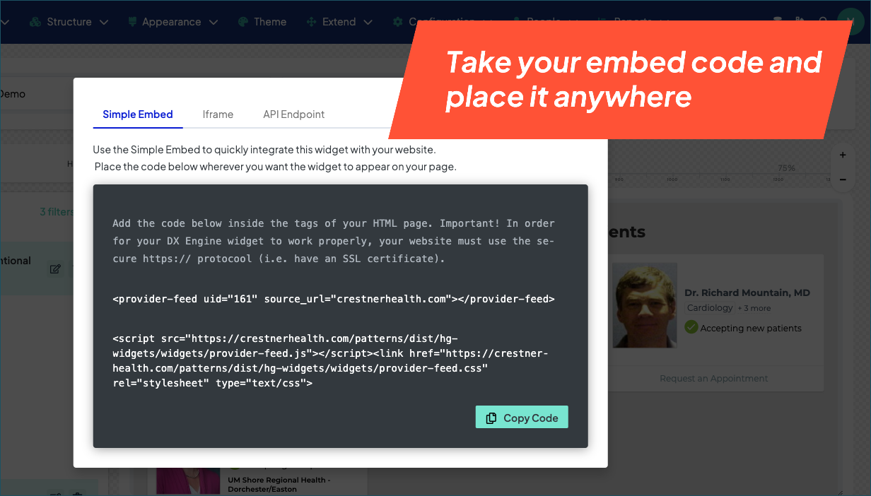 Screenshot of a sample widget showing Simple Embed code with the caption 'Take your embed code and place it anywhere'.