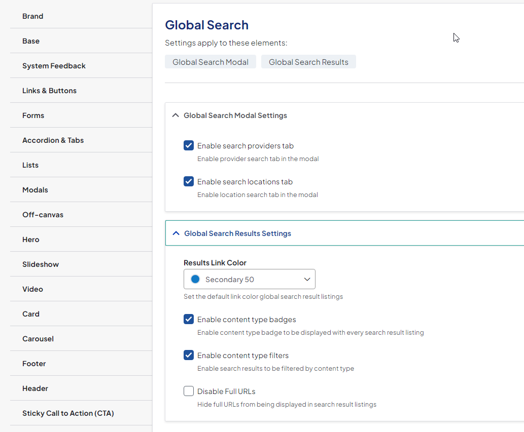 Screenshot of Global search formatting options