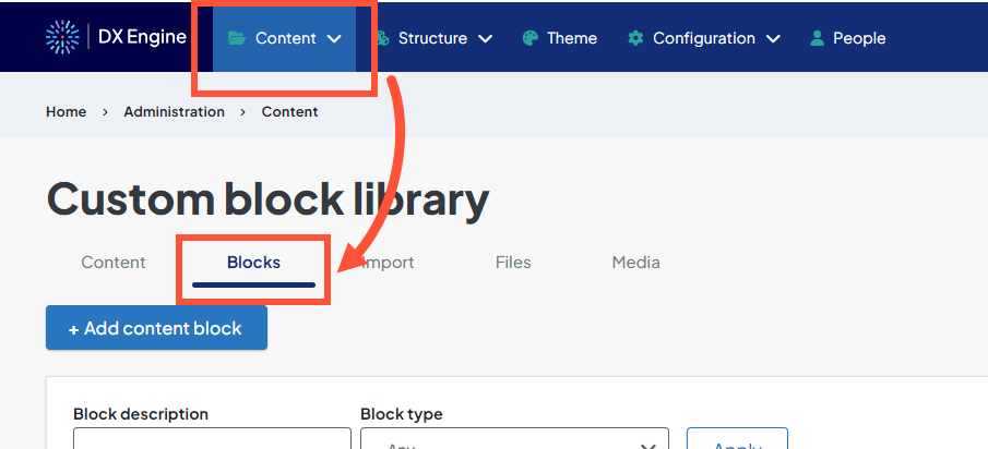 Screenshot displaying the new location for Custom Block Library