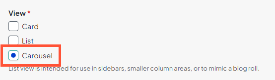 Screenshot showing the Carousel option under the View settings of the content feed block