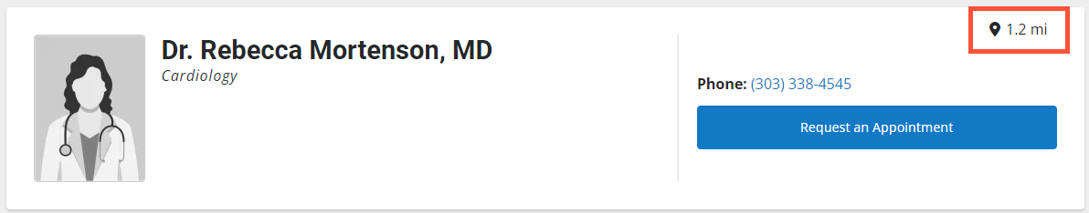 Screenshot of provider with approximate distance listed on their card