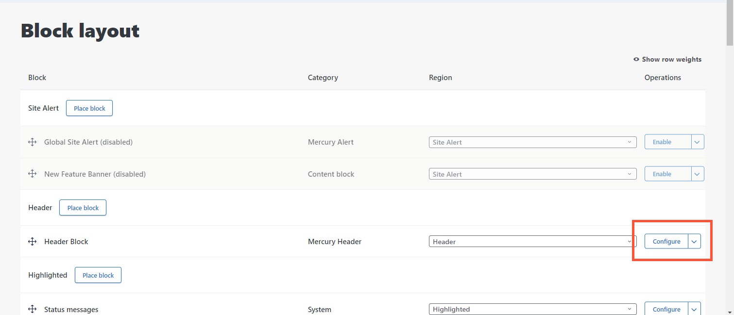 Screenshot highlighting the Configure button next to a header block in the Block layout page