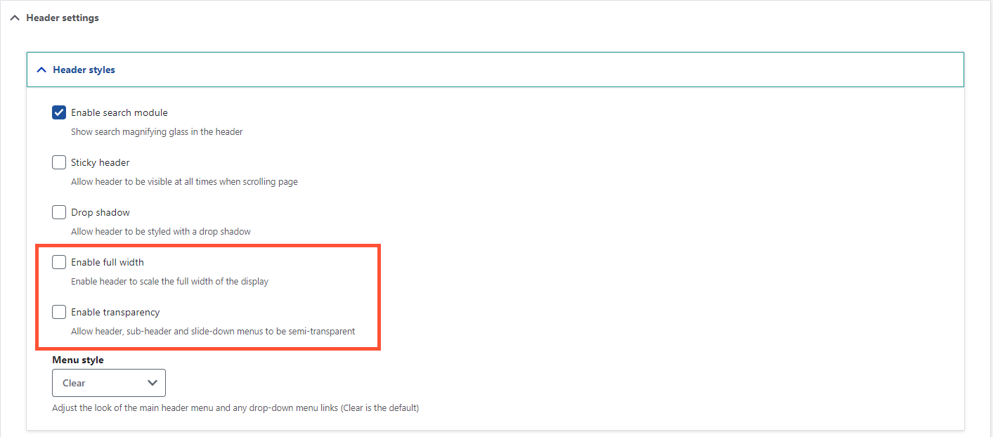 Screenshot highlighting the location of the Enable full width and Enable transparency options in the Header styles settings