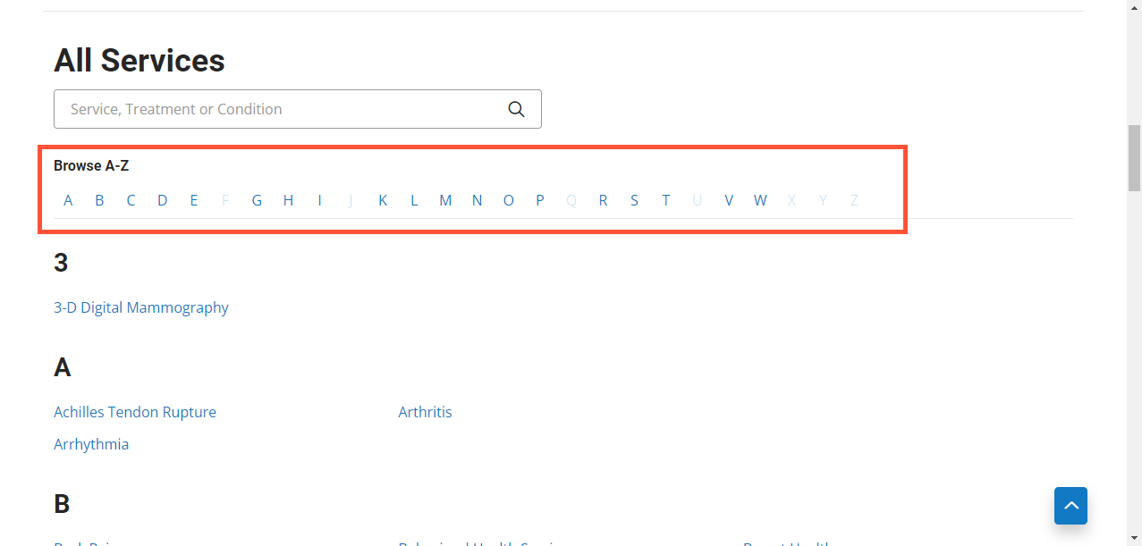 Screenshot of the browse A-to-Z links above the Services list