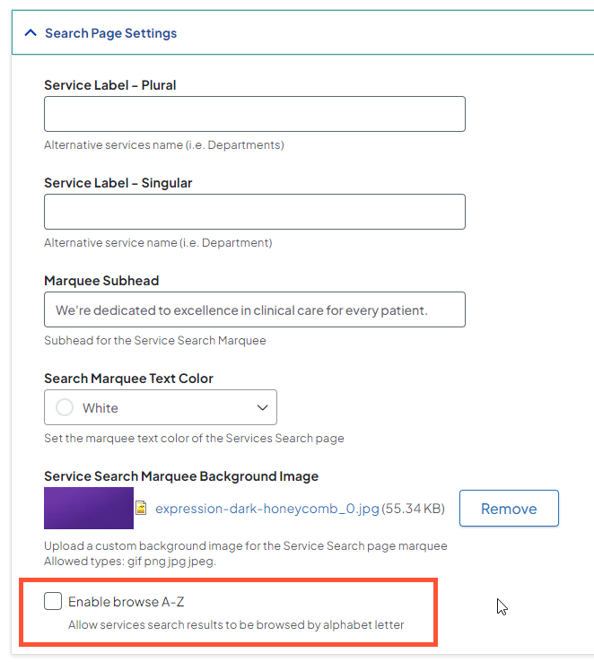Screenshot of the Theme settings for Services search pages with the Browse A-to-Z control highlighted