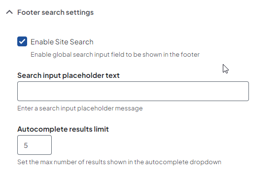 Screenshot showing the open Footer search settings dropdown