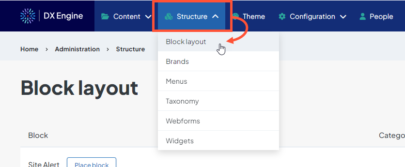 Screenshot demonstrating opening the Structure menu and selecting Block layout