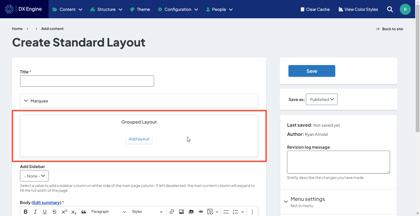 Screenshot of a Standard Layout page in creation mode with the Grouped Layout section highlighted